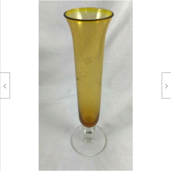 8" Etched Berry & Vine Amber Glass Flower Bud Vase with Clear Base - Picture 5 of 8